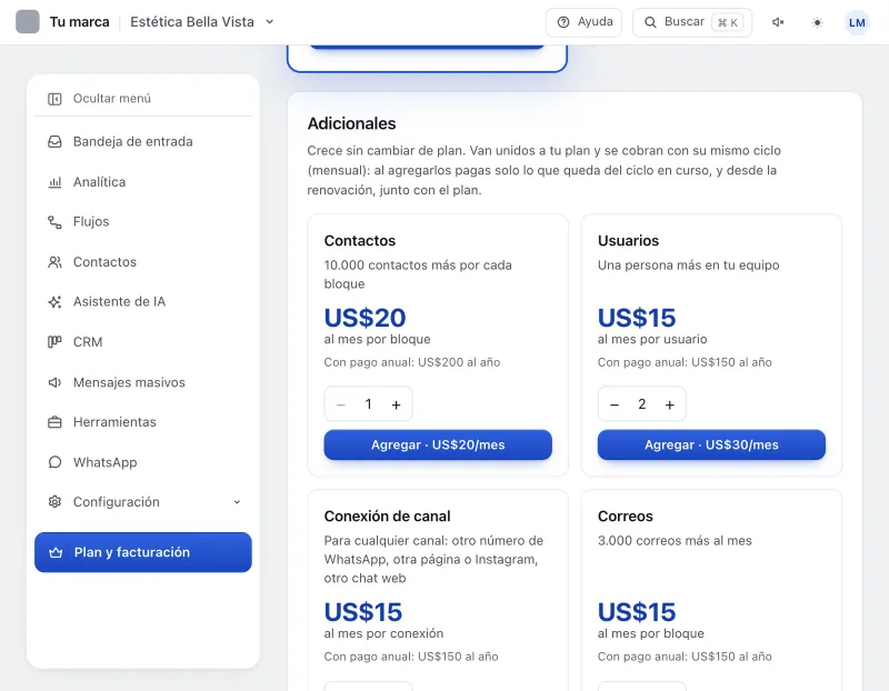 Pantalla «Plan y facturación». Señalado con el número 3: el botón «Agregar».