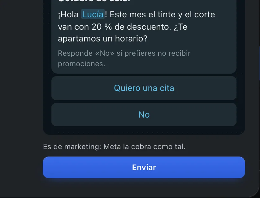 Ventana «promo_octubre». Señalado con el número 5: el botón «Enviar».