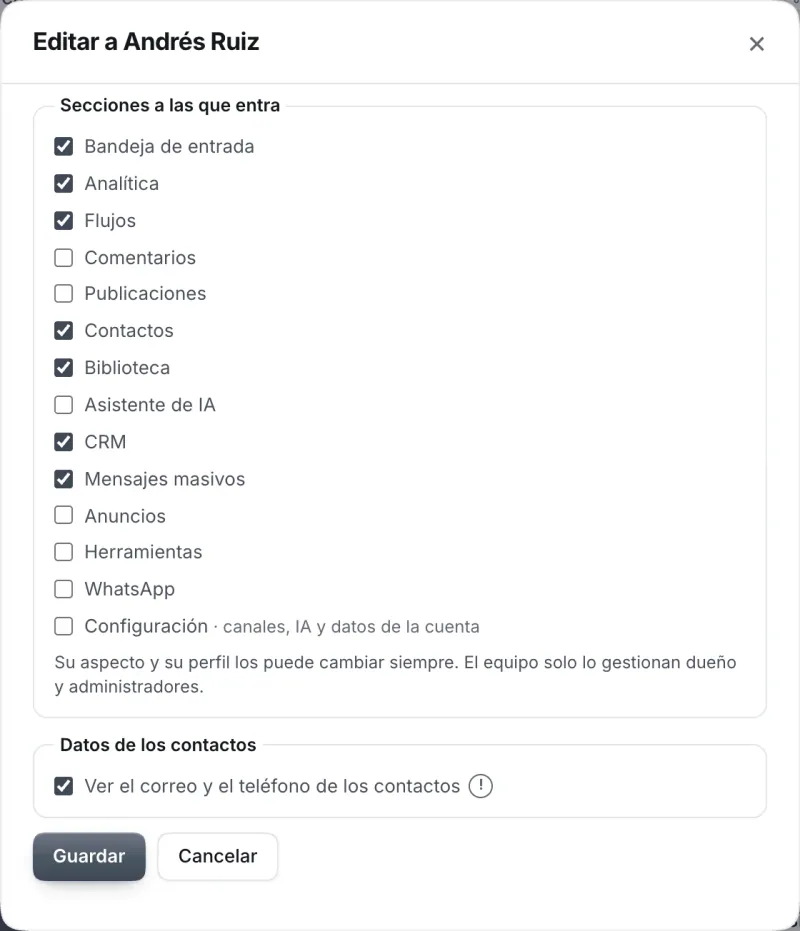 Ventana «Editar a Andrés Ruiz». Señalado con el número 4: el permiso para ver los datos de contacto.