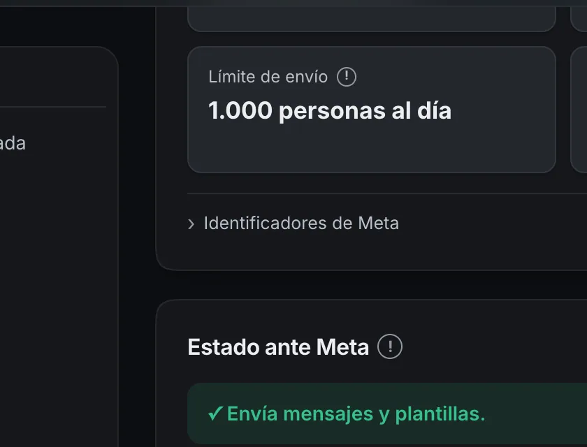Pantalla «WhatsApp». Señalado con el número 4: «Identificadores de Meta».