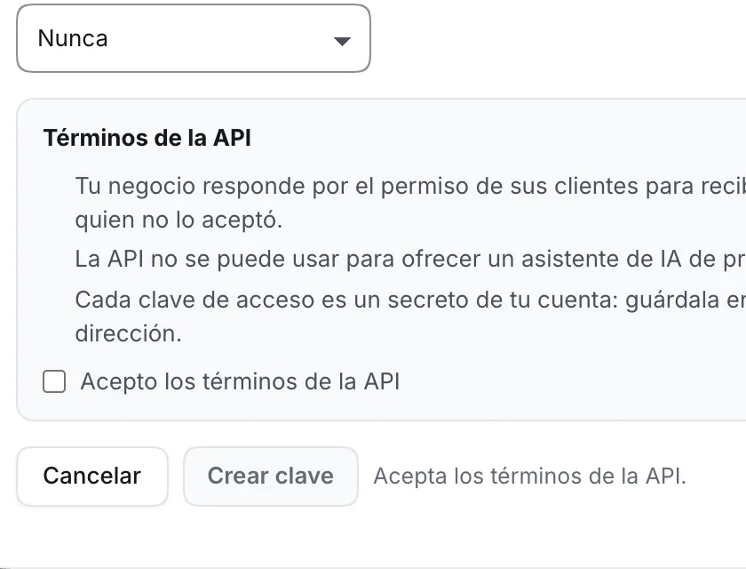 Ventana «Crear clave de acceso». Señalado con el número 4: el botón «Acepto los términos de la API» y el botón «Crear clave».