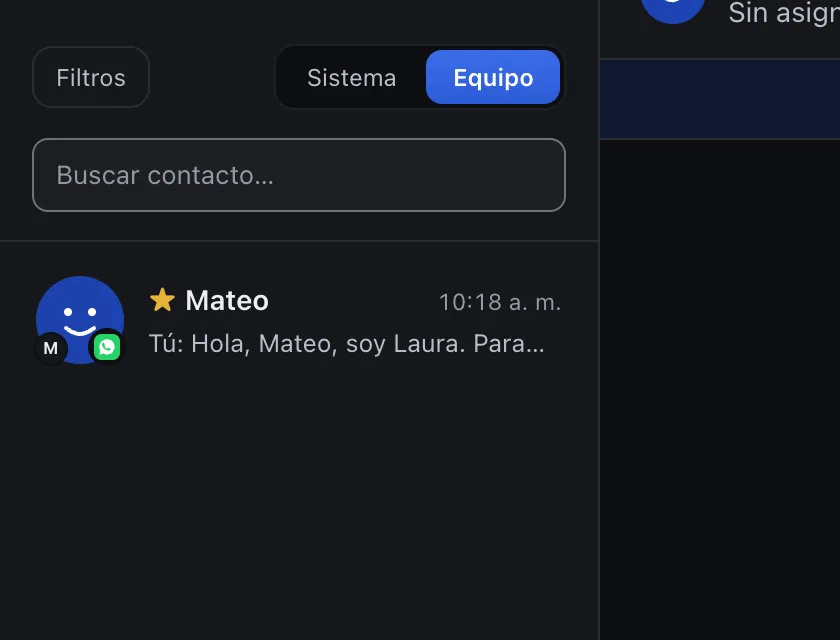 Pantalla «Bandeja de entrada». Señalado con el número 2: el chat de Mateo.