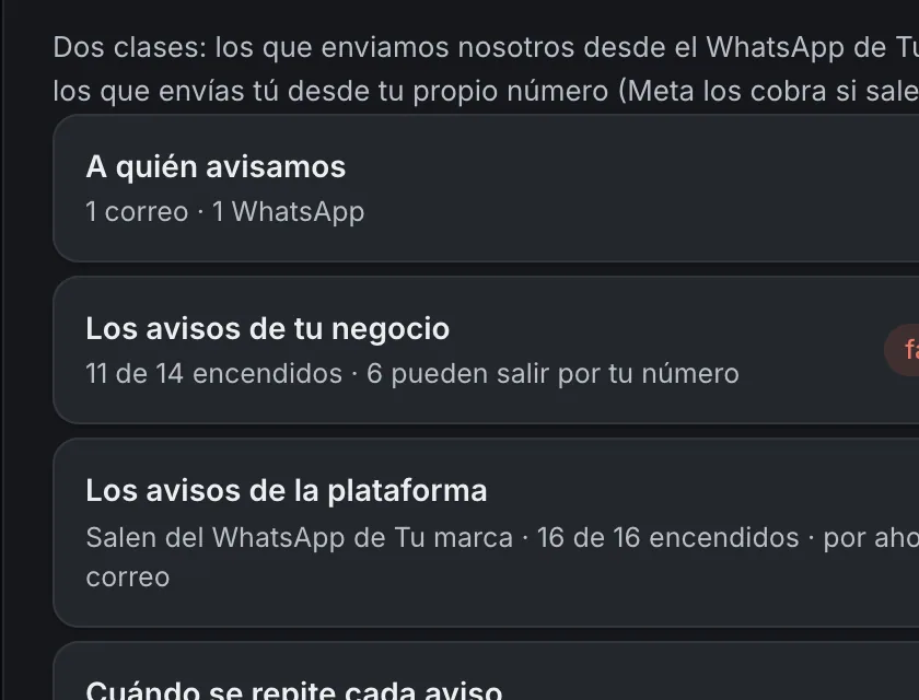 Pantalla «Configuración → Notificaciones». Señalado con el número 5: la fila de los avisos de tu negocio.