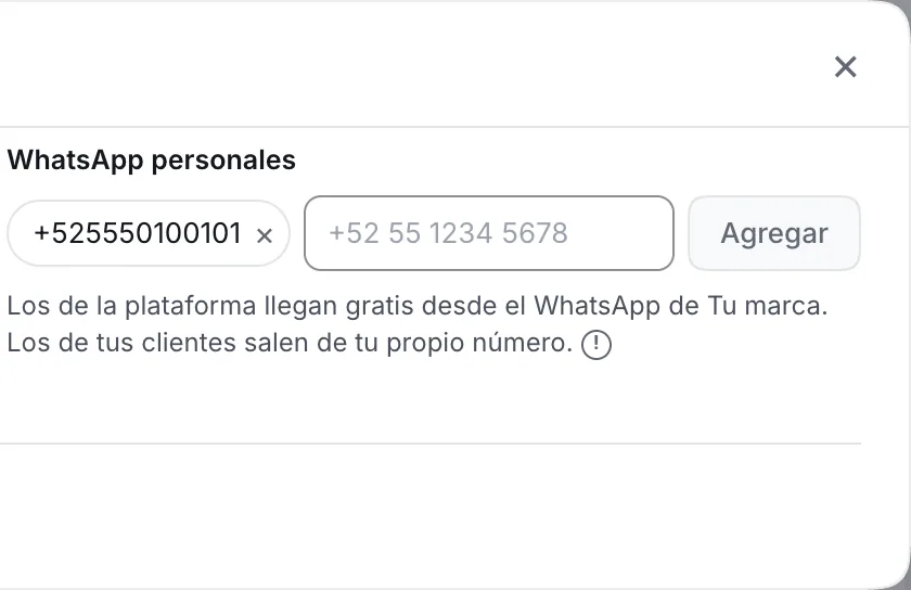 Ventana «A quién avisamos». Señalado con el número 3: la caja para un WhatsApp.