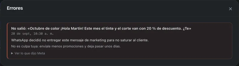 Ventana «Errores». Señalado con el número 5: «Detalle de Meta».