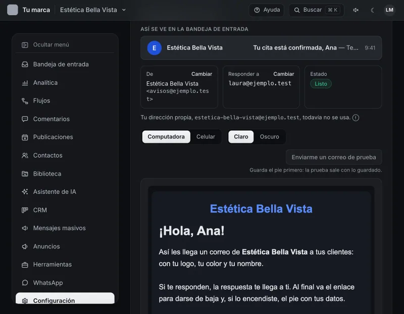 Pantalla «Configuración → Correo». Señalado con el número 6: el botón «Enviarme un correo de prueba».