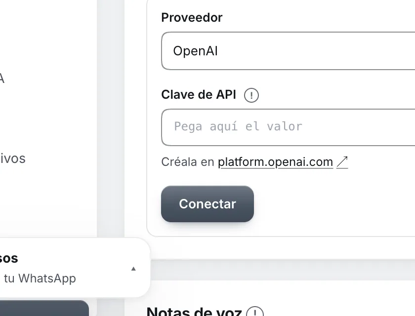 Pantalla «Configuración → Inteligencia artificial». Señalado con el número 3: el botón «Conectar».