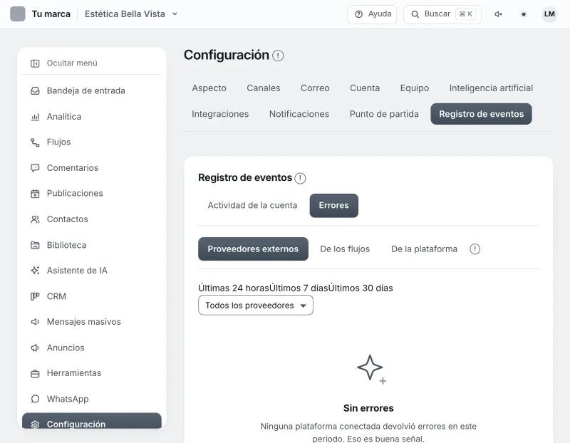 Pantalla «Configuración → Registro de eventos». Señalado con el número 5: el botón «De la plataforma».