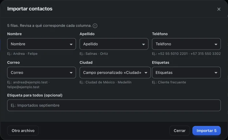 Ventana «Importar contactos». Señalado con el número 3: las columnas del archivo.