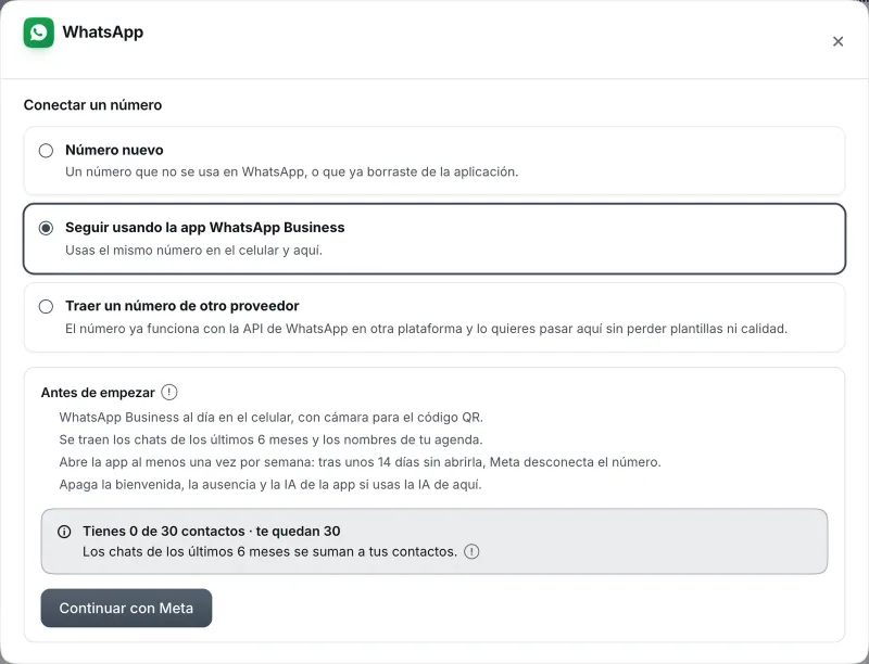 Ventana «WhatsApp». Señalado con el número 3: el botón «Continuar con Meta».