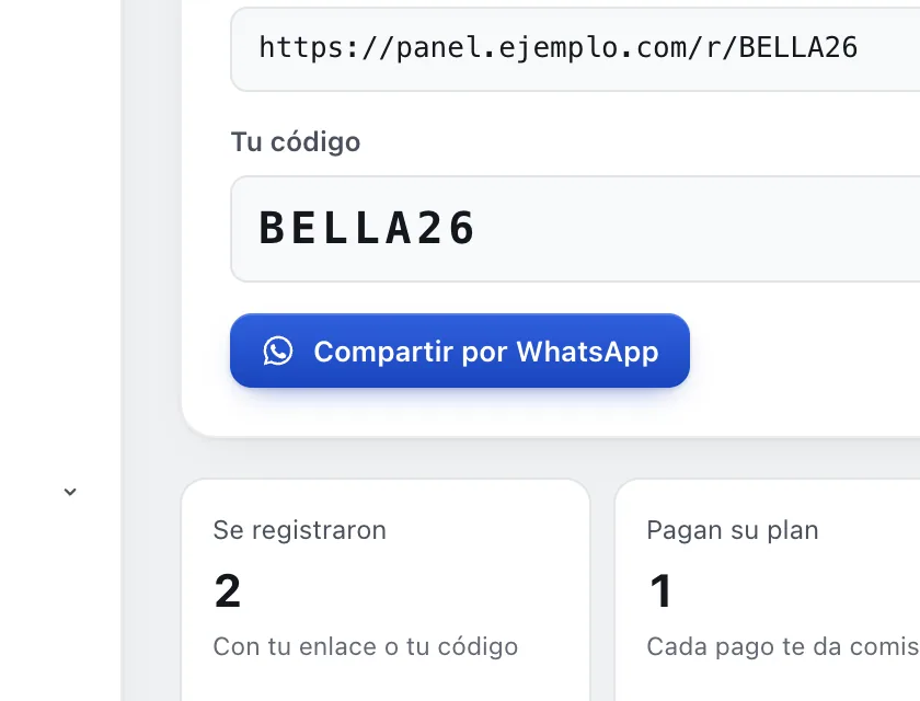 Pantalla «Refiere y gana». Señalado con el número 3: el botón «Compartir por WhatsApp».