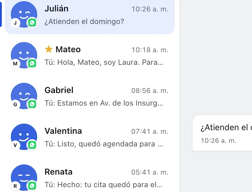 Pantalla «Bandeja de entrada». Señalado con el número 1: el chat de Gabriel.