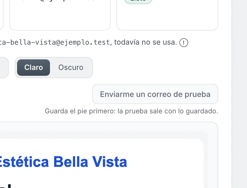 Pantalla «Configuración → Correo». Señalado con el número 6: el botón «Enviarme un correo de prueba».