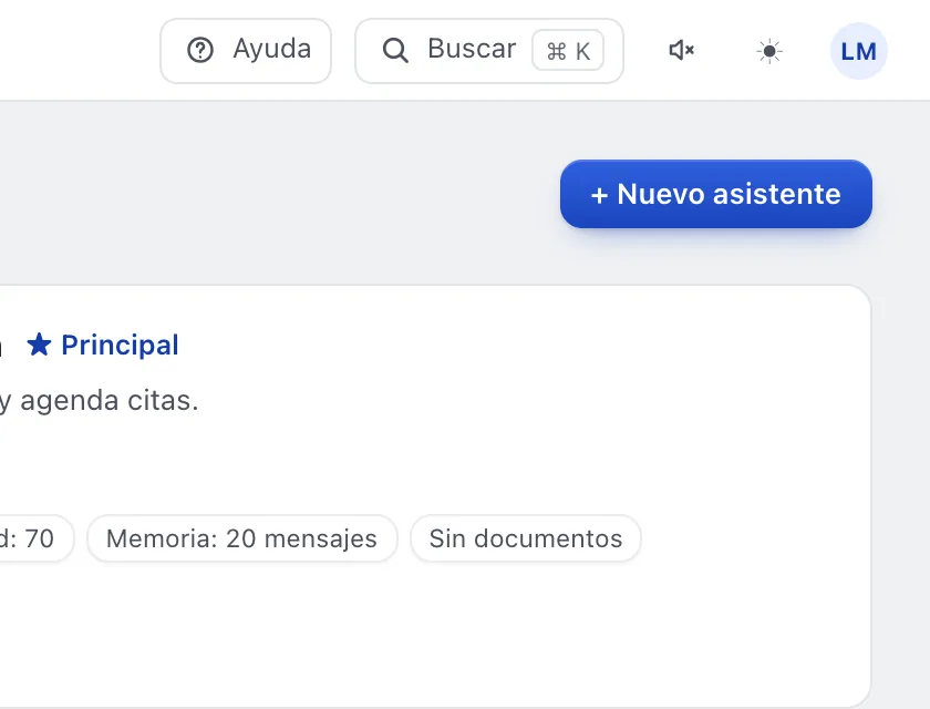 Pantalla «Asistente de IA». Señalado con el número 1: el botón «+ Nuevo asistente».