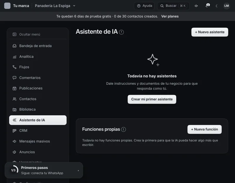 Pantalla «Asistente de IA». Señalado con el número 4: el botón «+ Nuevo asistente».