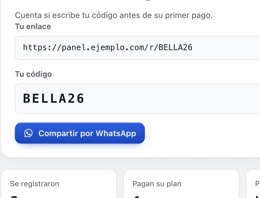 Pantalla «Refiere y gana». Señalado con el número 2: tu código.