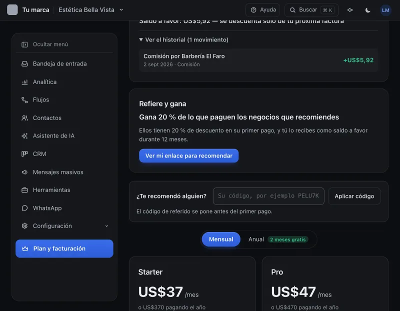 Pantalla «Plan y facturación». Señalado con el número 4: el botón «Ver mi enlace para recomendar».
