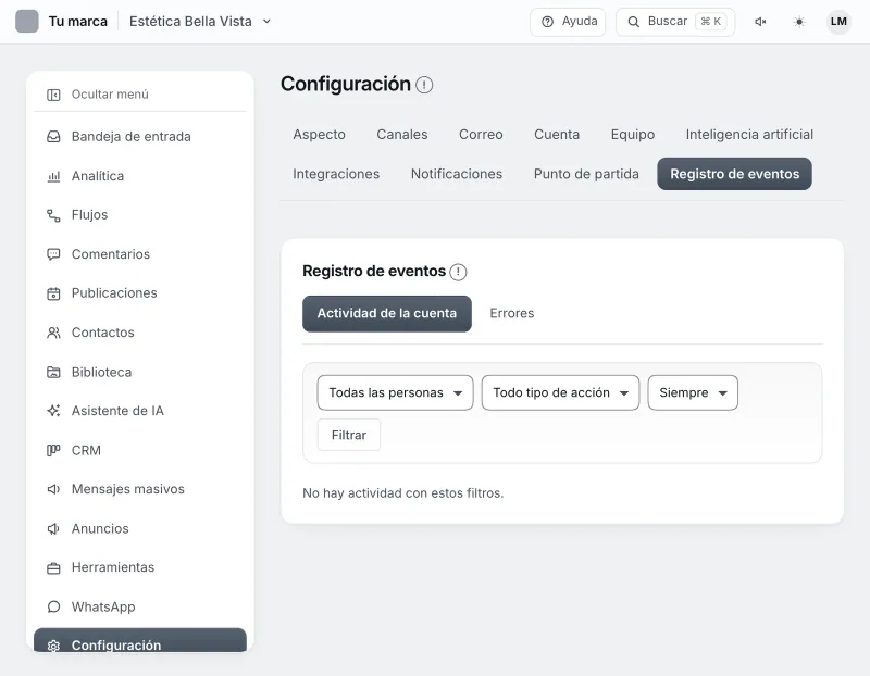 Pantalla «Configuración → Registro de eventos». Señalado con el número 1: la pestaña «Actividad de la cuenta».