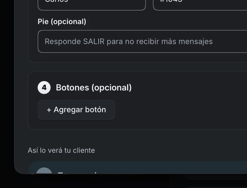 Pantalla «WhatsApp → Herramientas». Señalado con el número 7: el botón «+ Agregar botón».