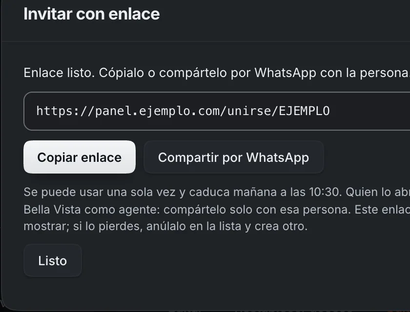Ventana «Invitar con enlace». Señalado con el número 5: los botones para compartir el enlace.