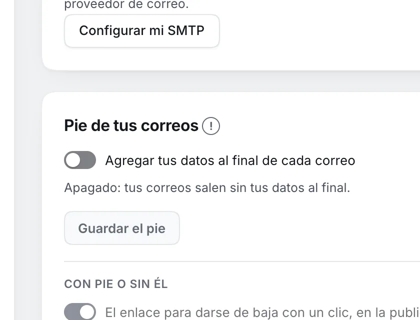 Pantalla «Configuración → Correo». Señalado con el número 4: el botón «Agregar tus datos al final de cada correo».