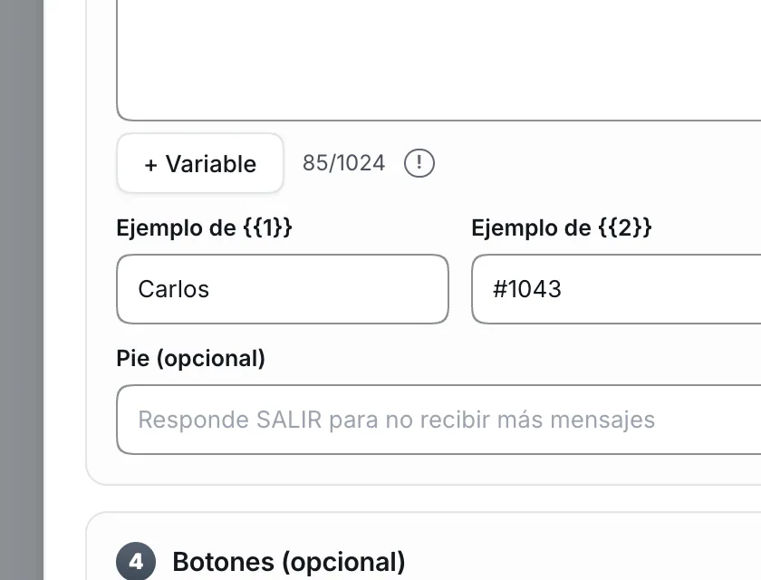 Pantalla «WhatsApp → Herramientas». Señalado con el número 6: el ejemplo de la primera variable.