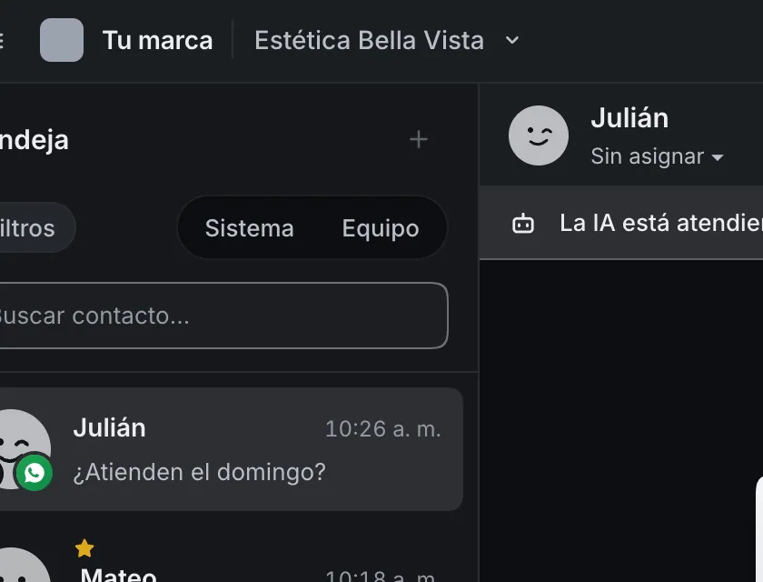 Pantalla «Bandeja de entrada». Señalado con el número 1: el botón «Equipo».
