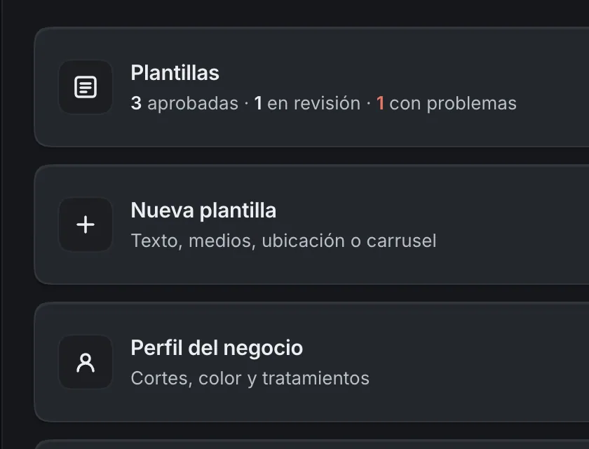 Pantalla «WhatsApp → Herramientas». Señalado con el número 1: la tarjeta «Nueva plantilla».