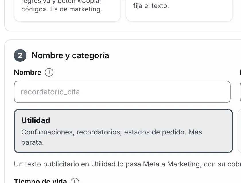 Pantalla «WhatsApp → Herramientas». Señalado con el número 3: el nombre de la plantilla.