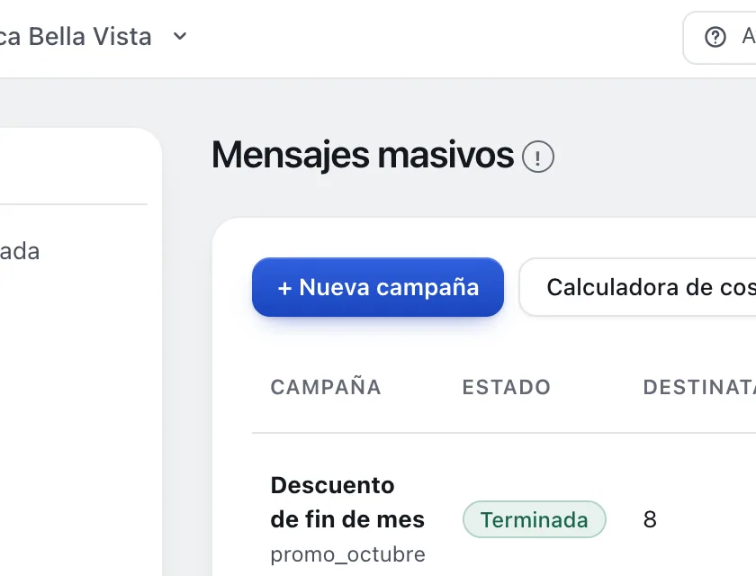 Pantalla «Mensajes masivos». Señalado con el número 1: el botón «+ Nueva campaña».