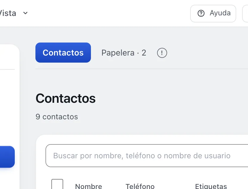 Pantalla «Contactos». Señalado con el número 1: la pestaña de la papelera.