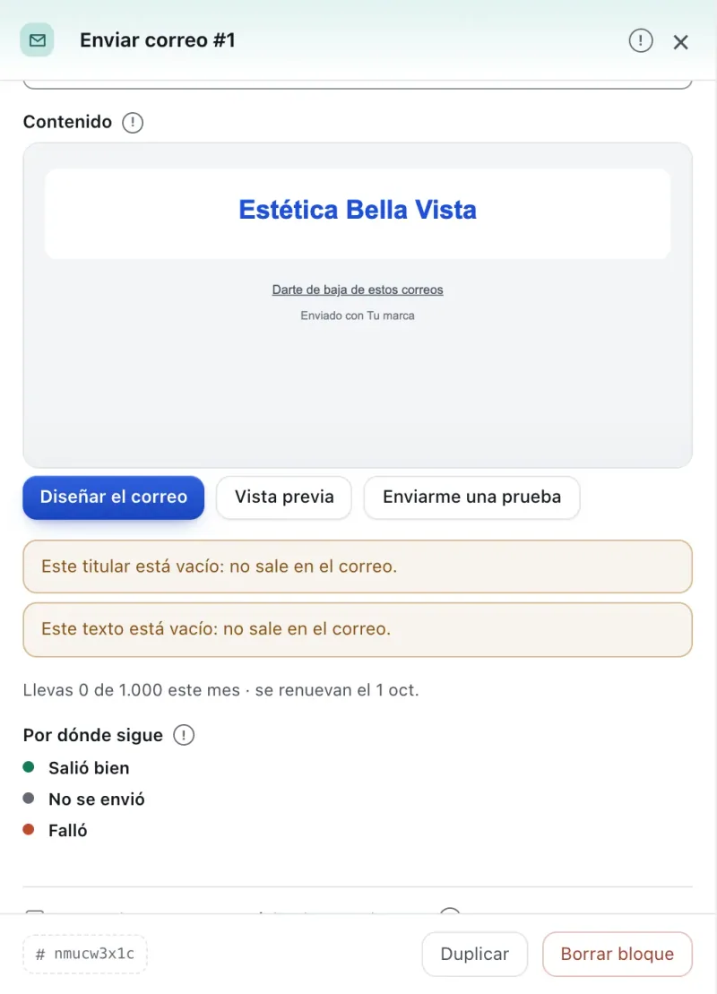 Pantalla «Editor de flujos». Señalado con el número 8: el botón «Enviarme una prueba».