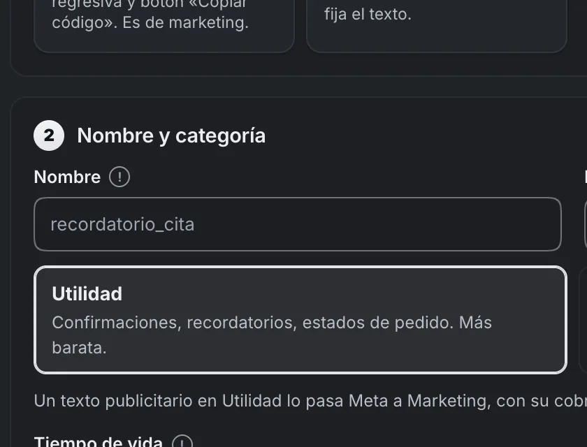 Pantalla «WhatsApp → Herramientas». Señalado con el número 3: el nombre de la plantilla.