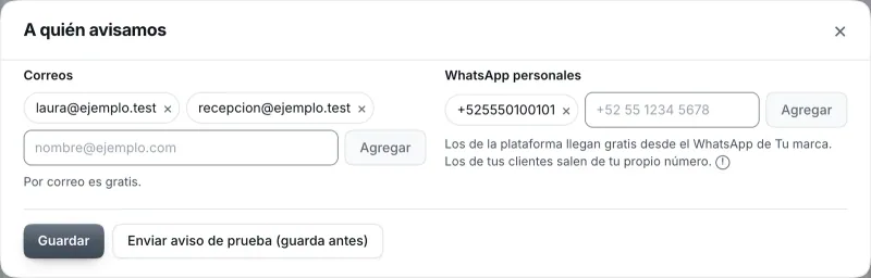 Ventana «A quién avisamos». Señalado con el número 3: la caja para un WhatsApp.