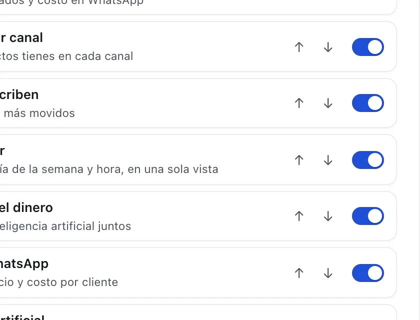 Ventana «Personalizar la analítica». Señalado con el número 7: el interruptor de un bloque.