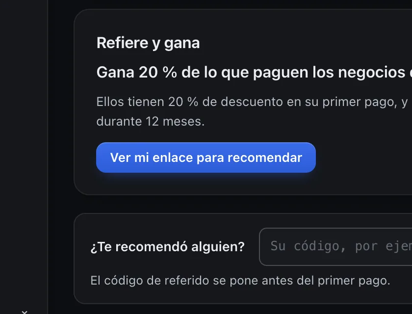 Pantalla «Plan y facturación». Señalado con el número 4: el botón «Ver mi enlace para recomendar».
