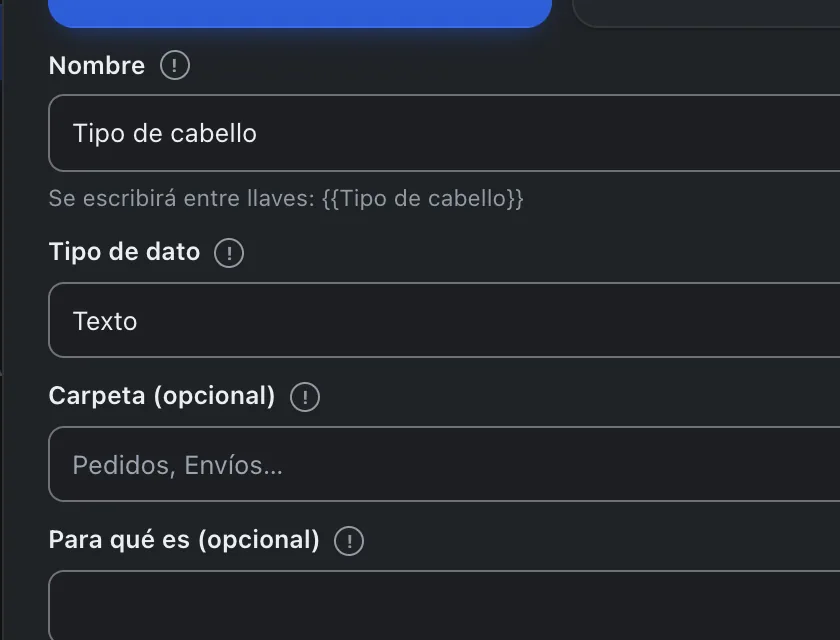 Ventana «Nuevo campo». Señalado con el número 3: el tipo de dato.