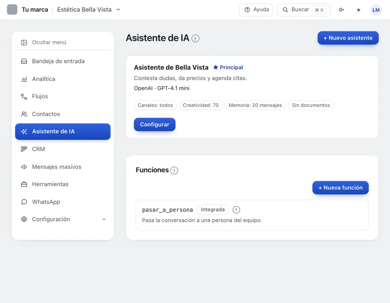 Pantalla «Asistente de IA». Señalado con el número 1: el botón «+ Nuevo asistente».