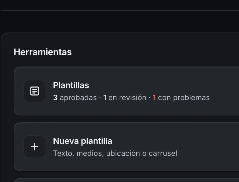 Pantalla «WhatsApp → Herramientas». Señalado con el número 1: la tarjeta «Plantillas».