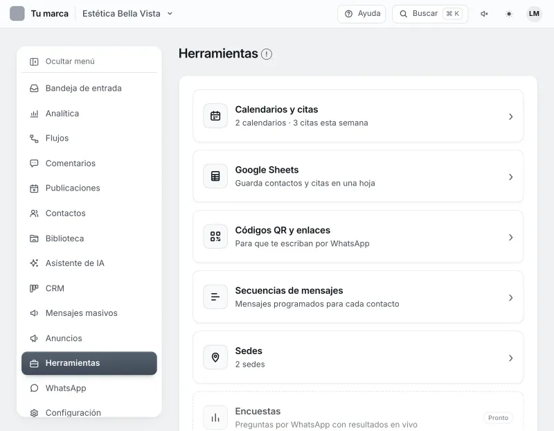Pantalla «Herramientas». Señalado con el número 1: la tarjeta «Calendarios y citas».
