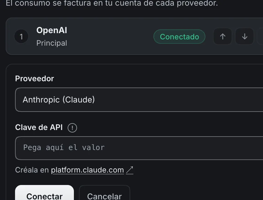 Pantalla «Configuración → Inteligencia artificial». Señalado con el número 2: el proveedor.