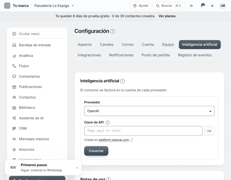 Pantalla «Configuración → Inteligencia artificial». Señalado con el número 3: el botón «Conectar».