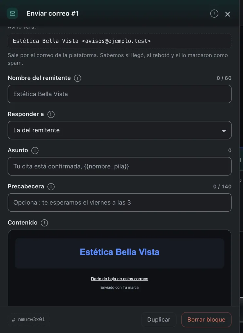Pantalla «Editor de flujos». Señalado con el número 7: el asunto del correo.