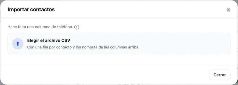 Ventana «Importar contactos». Señalado con el número 2: el botón para elegir el archivo.