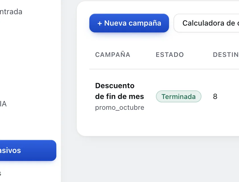 Pantalla «Mensajes masivos». Señalado con el número 1: la campaña «Descuento de fin de mes».