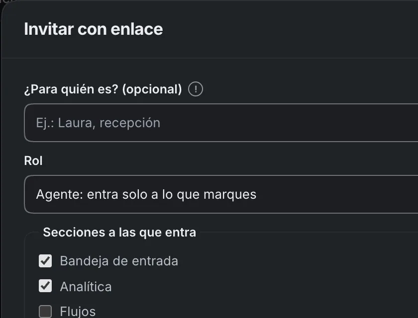 Ventana «Invitar con enlace». Señalado con el número 2: para quién es la invitación.