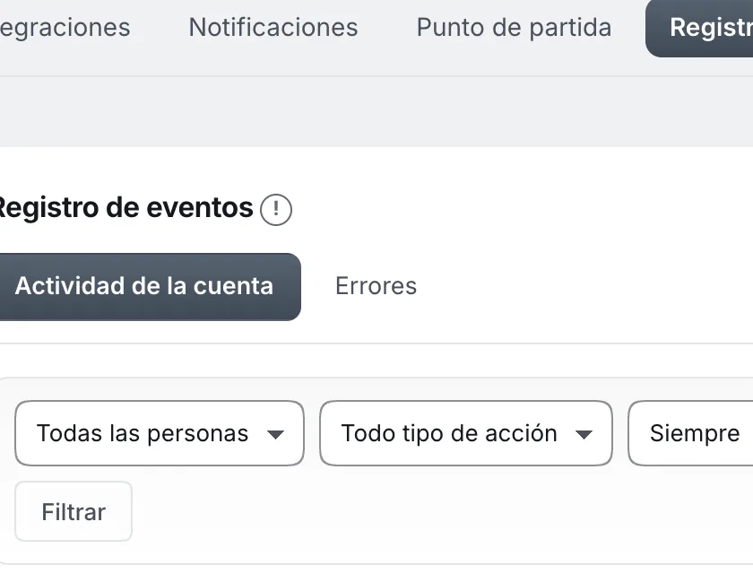 Pantalla «Configuración → Registro de eventos». Señalado con el número 3: el botón «Errores».