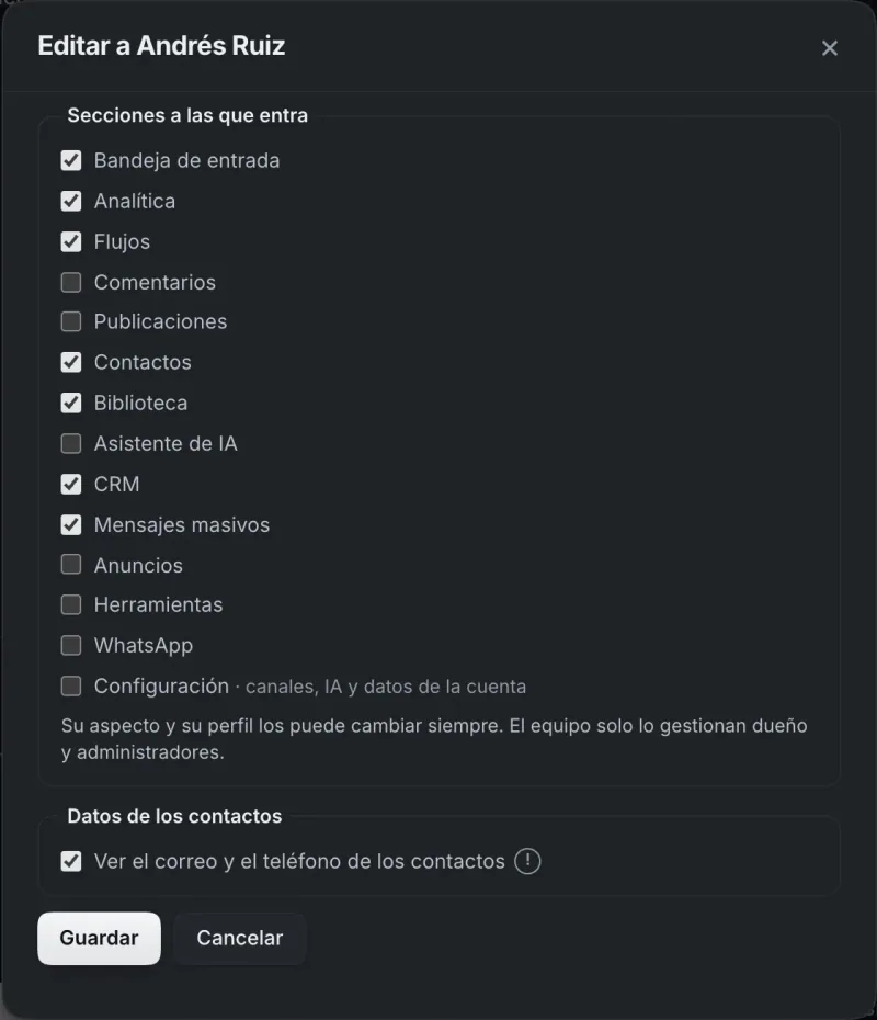 Ventana «Editar a Andrés Ruiz». Señalado con el número 5: el botón «Guardar».