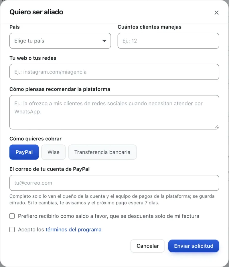 Ventana «Quiero ser aliado». Señalado con el número 5: el botón «Enviar solicitud».