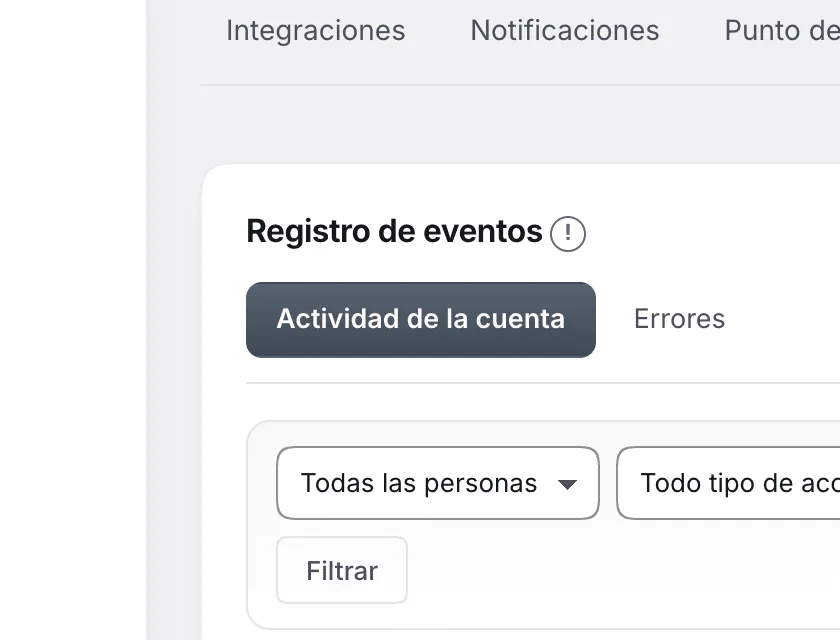 Pantalla «Configuración → Registro de eventos». Señalado con el número 1: la pestaña «Actividad de la cuenta».